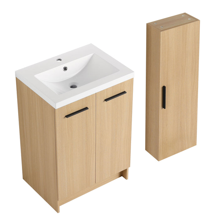 Freestanding Bathroom Vanity Set With Tall Linen Cabinet, Single Sink, Extra Storage, Soft Close Doors - Glossy White / Light Oak