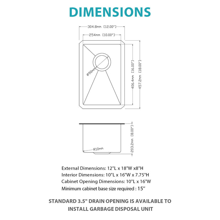 12" Undermount Kitchen Sink, Deep Single Bowl - Brushed Nickel