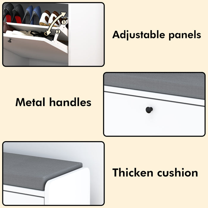 Shoe Storage Bench With Cushion, Entryway Organizer Cabinet For Hallway - White