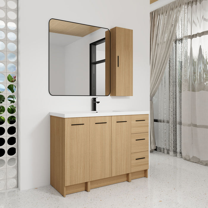Freestanding Bathroom Vanity Set With Tall Side Cabinet, 3 Drawers And 3 Door Cabinet, Integrated Sink, Large Storage - Glossy White / Light Oak