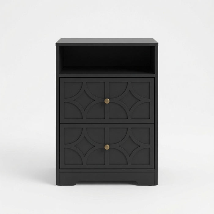 Nightstand With Diamond Carvings Handles, 2 Drawers & Charging Station