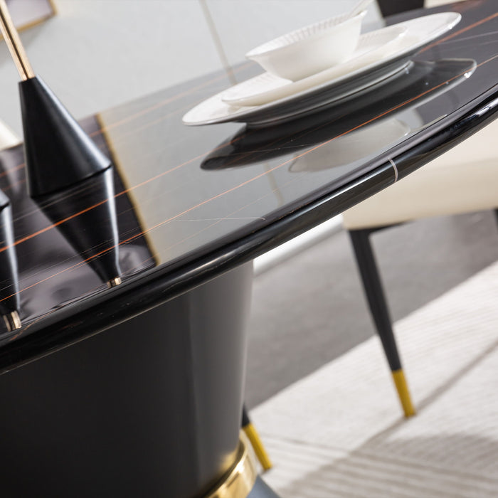 Marble Printed Round Dining Table - Black Columnar Base With Gold Annulus Not Including Chairs - Black