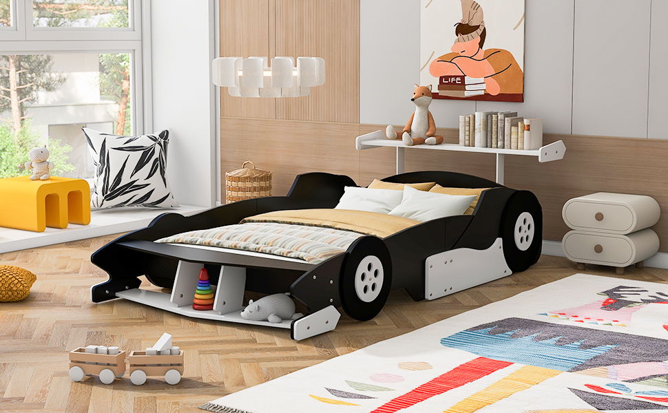 Race Car-Shaped Platform Bed With Wheels