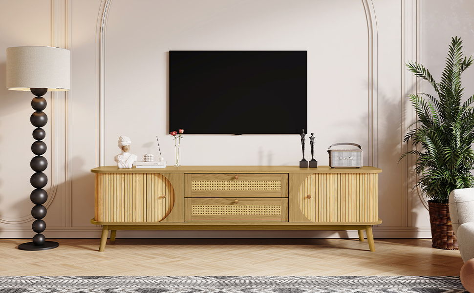 Rattan TV Stand For Tvs Up To 75'', Modern Farmhouse Media Console, Entertainment Center With Legs, TV Cabinet For Living Room, Home Theatre - Natural Wood