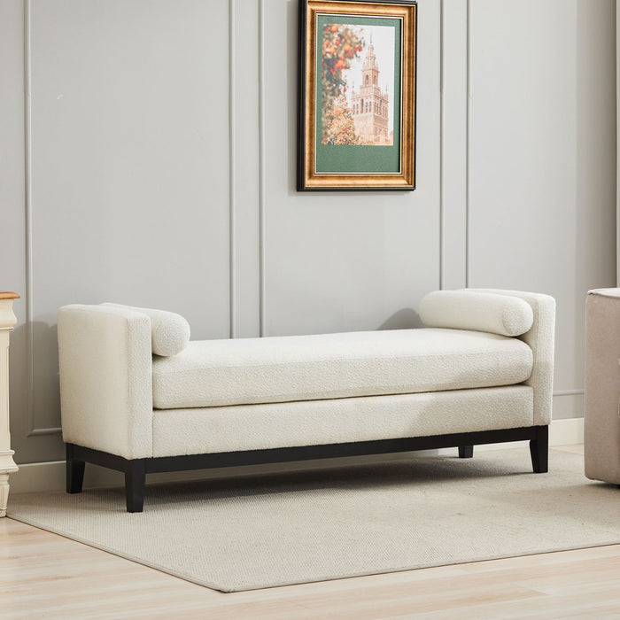 Elegant Upholstered Bench, Daybed, Ottoman With Wood Legs & Bolster Pillows - Ivory Boucle