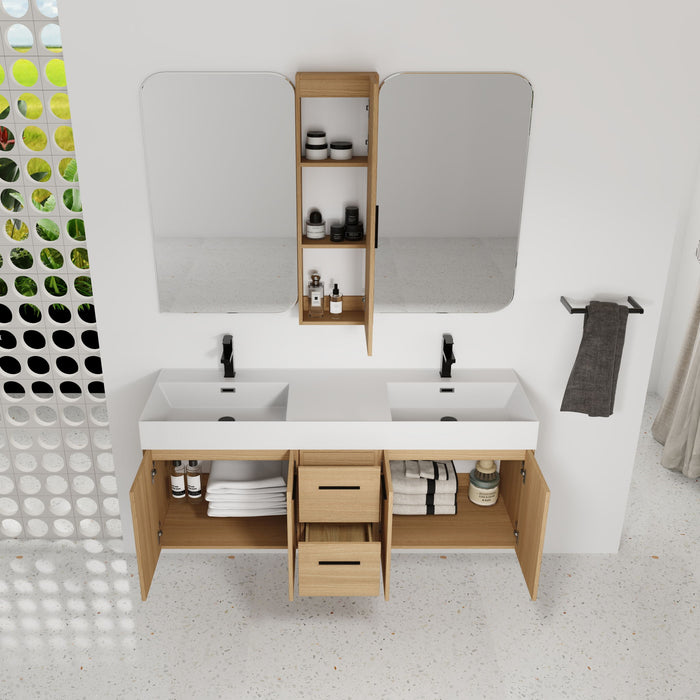 Floating Double Sink Bathroom Vanity Set With Tall Linen Cabinet, Drawers And Doors, Extra Large Storage, Integrated Sink, Soft Close Hardware - Glossy White / Light Oak