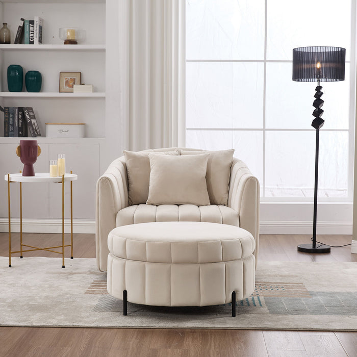 Oversized Velvet Swivel Barrel Accent Chair And Ottoman Set With Storage