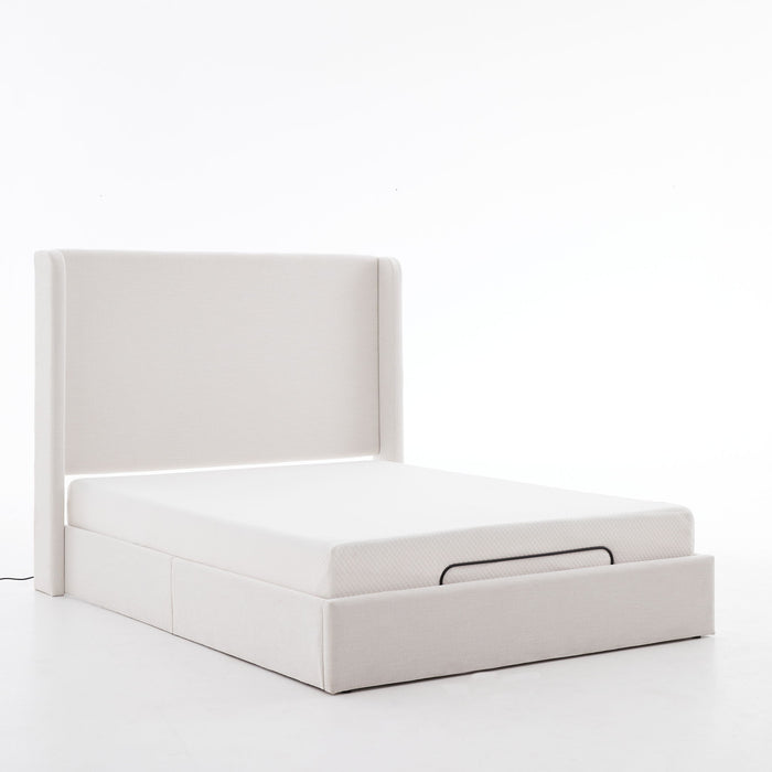 Caron - Queen Size Upholstered Wingback Bed With Adjustable Base Bundle Set - Ivory