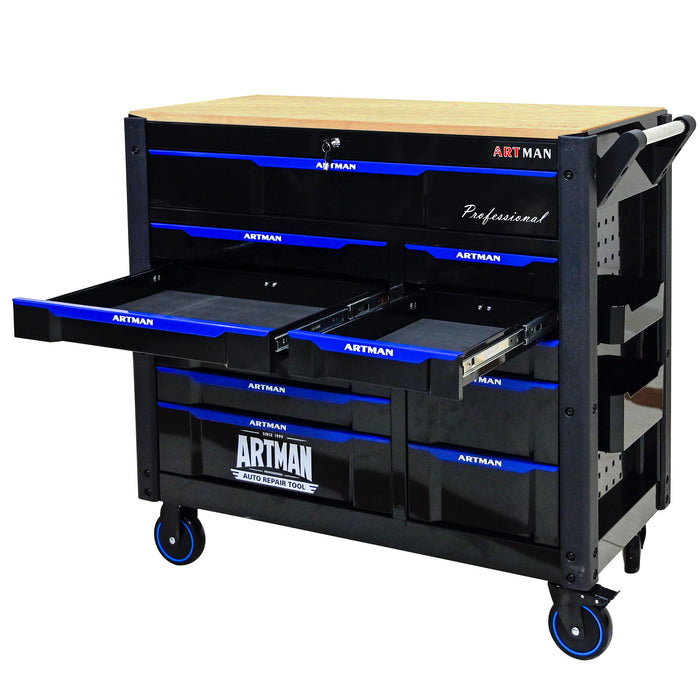 12 Layer Drawer Multi Purpose Tool Cart With Wheels And Wooden Countertops - Black / Blue