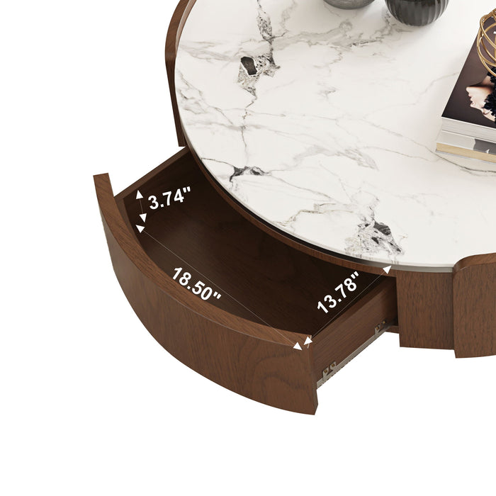 Round Coffee Table With Ball Feet, Dual Storage Drawers For Living Room - Walnut Brown