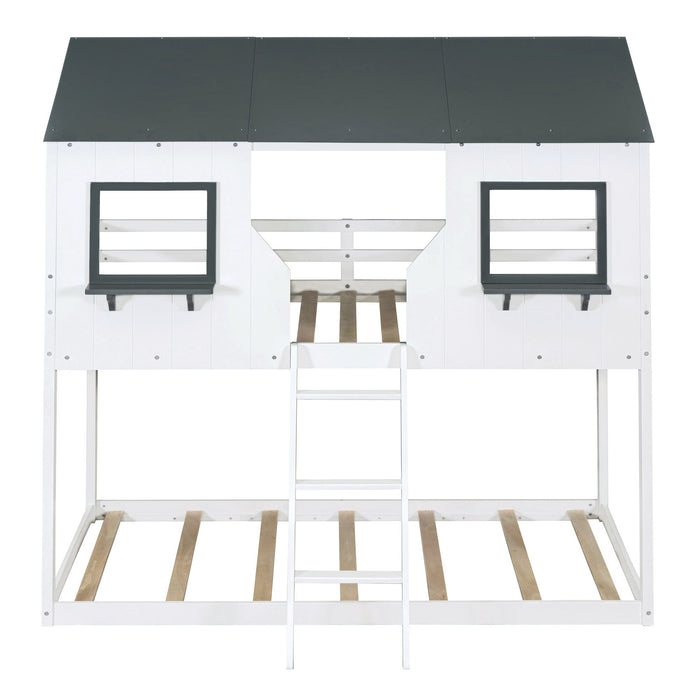 Twin Over Twin Bunk Bed With Roof, Window, Guardrail, Ladder