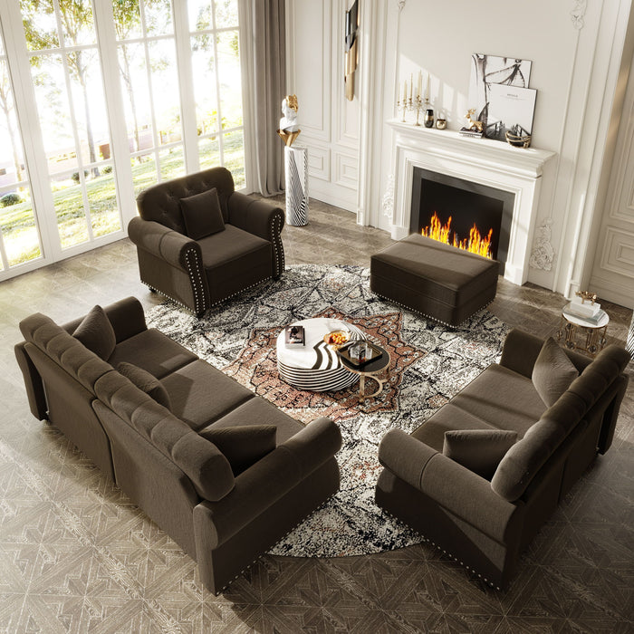 Upholstered Sofa Set With Nailhead Trim And Rolled Armrests, Includes Pillows