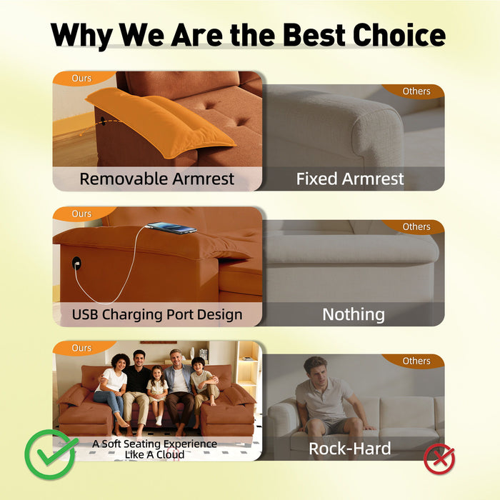U-Shaped Sleeper Sofa With Pull Out Bed, Removable Armrests & USB Ports For Living Room