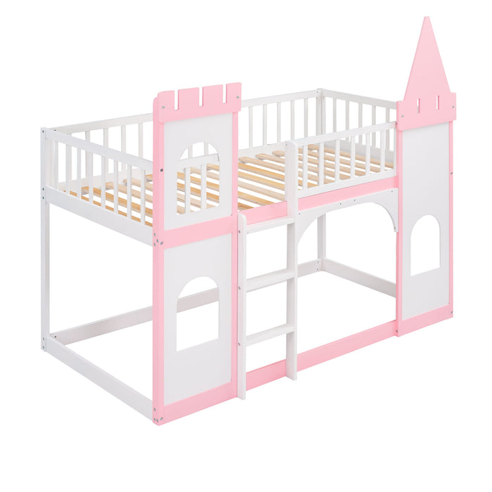 Twin Over Twin Castle Bunk Bed With Ladder - Pink