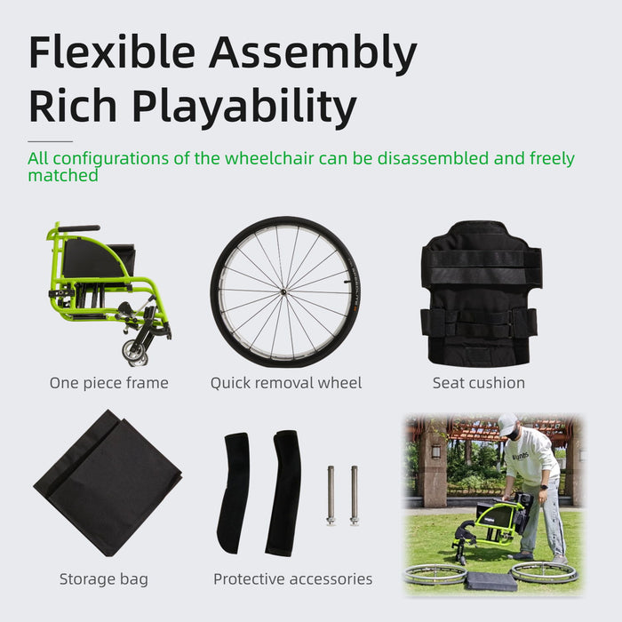 Premium Lightweight Foldable Sport Wheelchair All Body Sturdy & Comfortable 250Lbs Capacity Easy Folding 24" Sports Tires Perfect For Outdoor - Black / Green