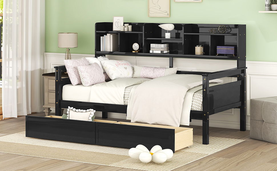Daybed, Slat Support, With Bedside Shelves And 2 Drawers