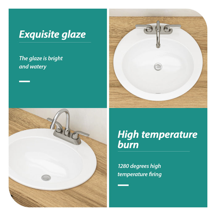 20 X 18" Modern Ceramic Oval Undermount Bathroom Sink With 3 Faucet Holes - White