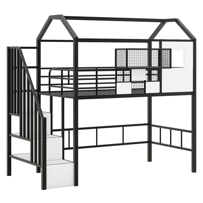 Metal Loft Bed With Roof Design And Storage Box With Guardrails And Integrated Ladder