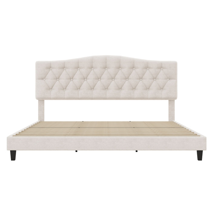 King Upholstered Platform Bed With Curved Adjustable Headboard And Diamond Tufted Details, No Box Spring Needed - Beige
