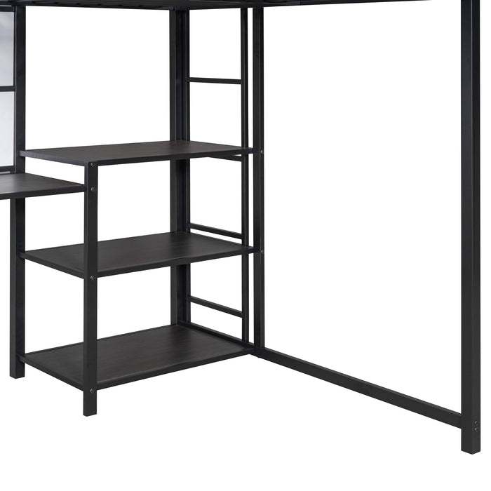 Metal Loft Bed With Desk, 3 Shelves And Ladder