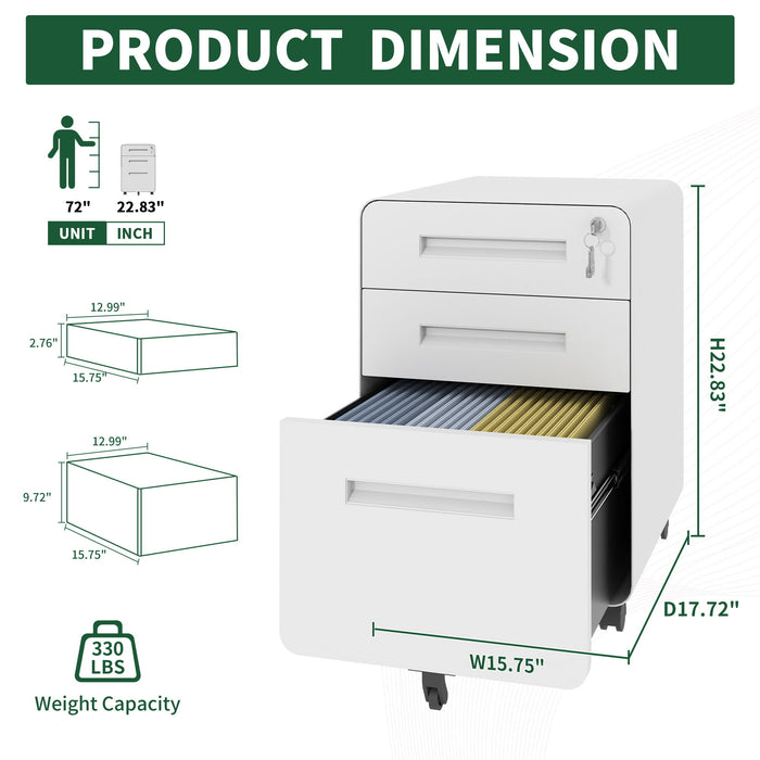 3-Drawer Mobile File Cabinet With Lock, On Casters, Holds A4/Letter Files
