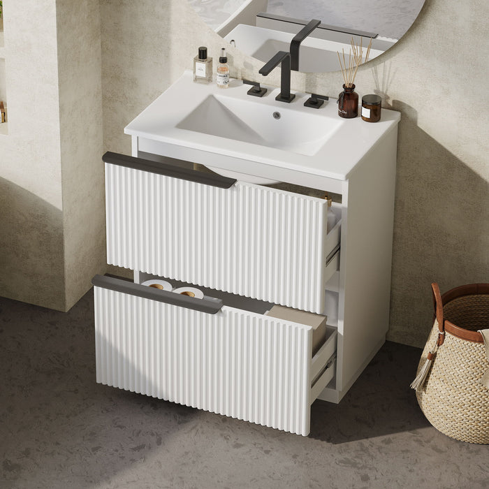 Fluted Bathroom Vanity With Ceramic Sink, Freestanding Cabinet