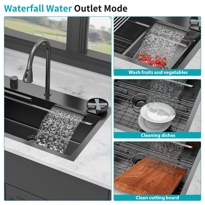 Drop In Waterfall Kitchen Sink With Pull Out Faucet & Cup Washer