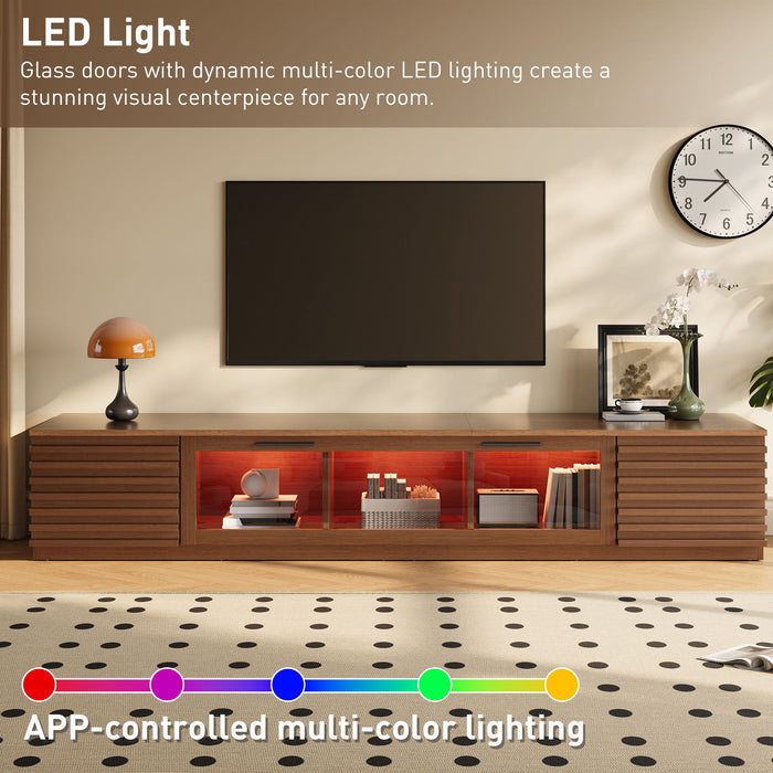 TV Stand With LED Lighting, Soft Closing Hinges, Cable Management - Walnut