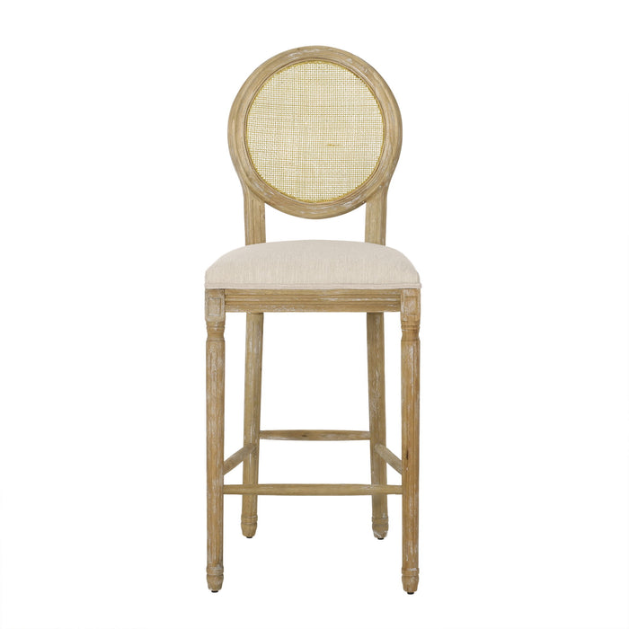 Country Chic Bar Stools (Set of 2) With Rattan Backrest And Upholstered Seat - Beige / Natural