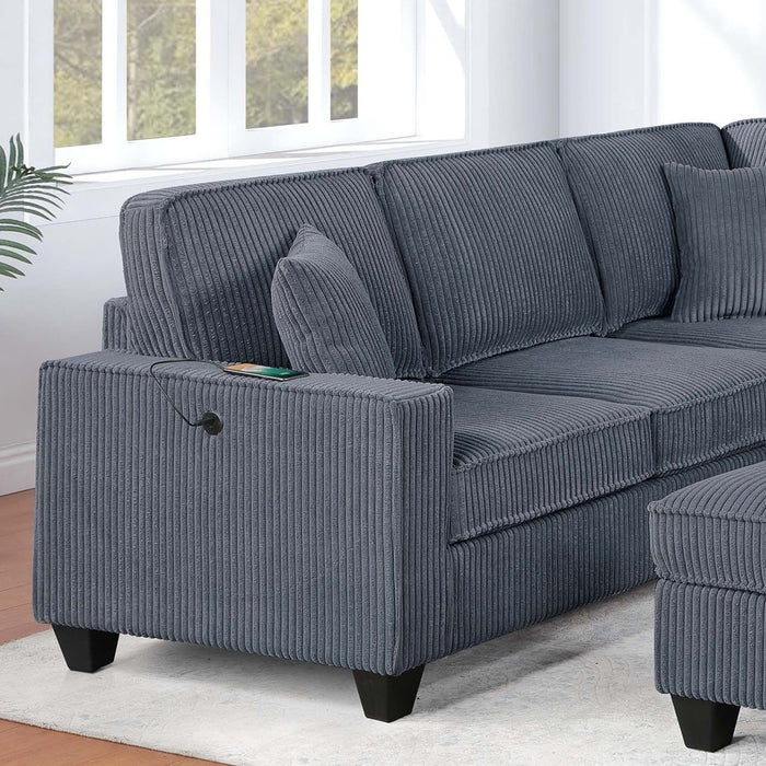 Left Arm Facing Loveseat With USB Port 5 Piece Sectional Set Corner Wedge Armless Chair Cocktail Ottoman Upholstered Living Room Furniture - Dark Gray
