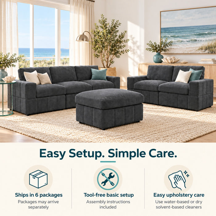 Oversized Modular Sectional Sofa Set With Loveseat & Ottoman, 6 Piece Living Room Furniture - Dark Gray