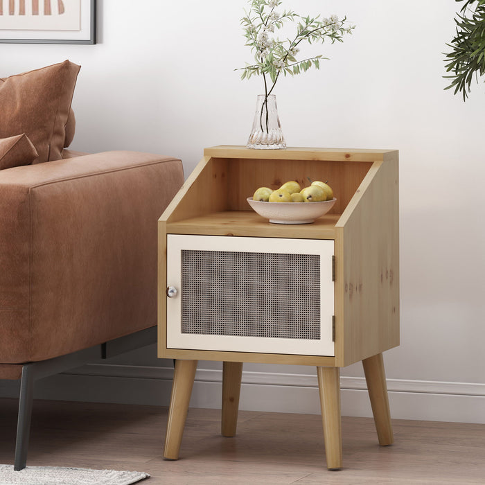 Contemporary End Table With Rattan Accents And Tempered Glass - Natural / White