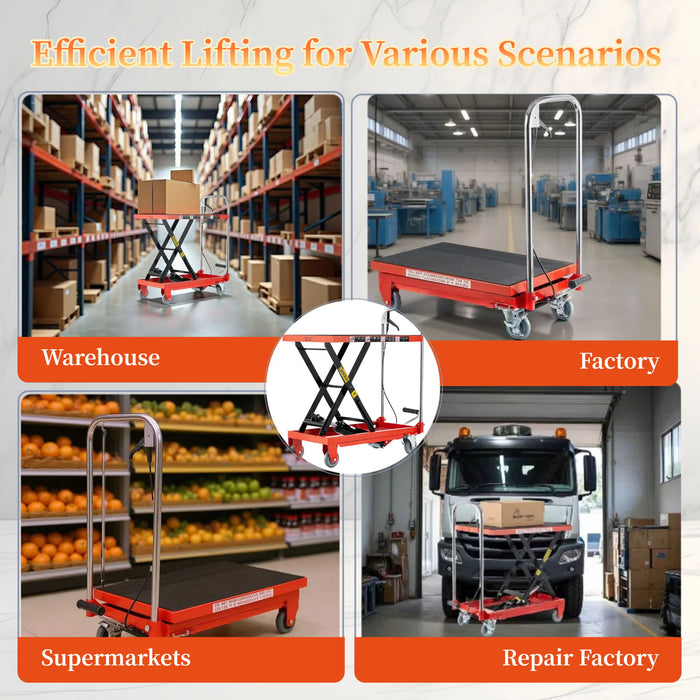 Hydraulic Lift Table Cart 500Lbs Load Red Single Scissor Lift With Non Slip Pads And Wheels - Red / Black