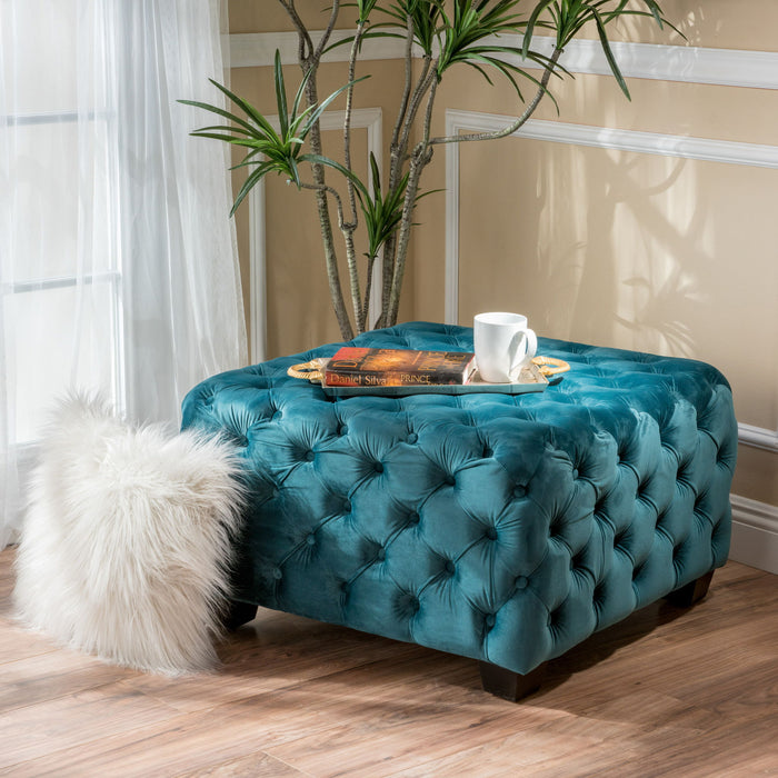 Unwind Upholstered Square Ottoman With Button Tufted Diamond Stitch - Teal