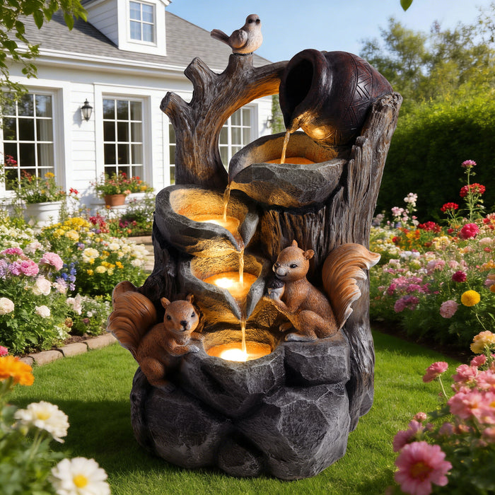 Outdoor Squirrel, Tiered Waterfall Fountain With LED Light For Patio - Gray