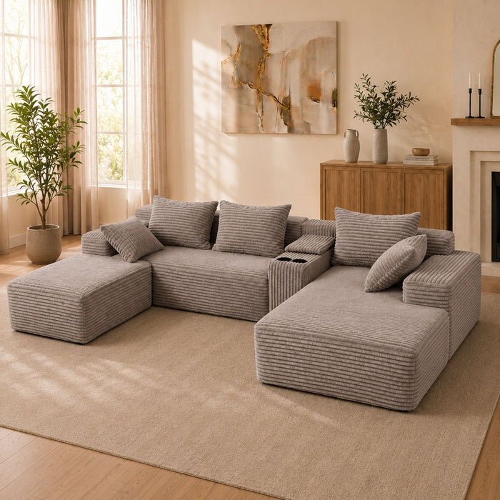 U-Shaped Modular Sofa With Cup Holders And Storage For Living Rooms - Coffee