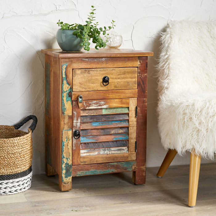 Recycled Wood Side Table With Drawer And Door - Natural