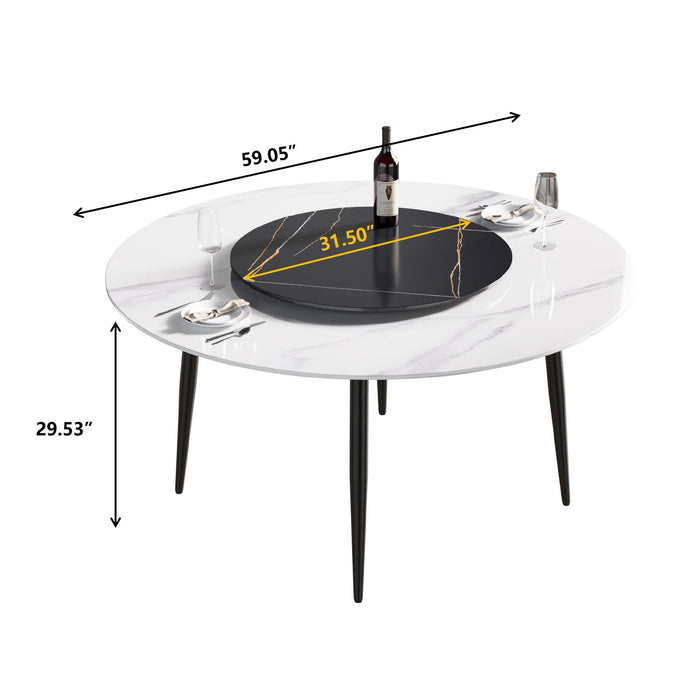 59.05" Modern Artificial Stone Round Metal Dining Table, Can Accommodate 6 People, Artificial Stone Turntable - Black / White