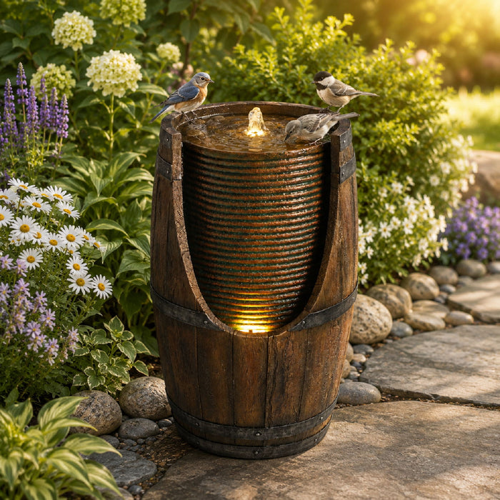Rustic Barrel Water Fountain With LED Light
