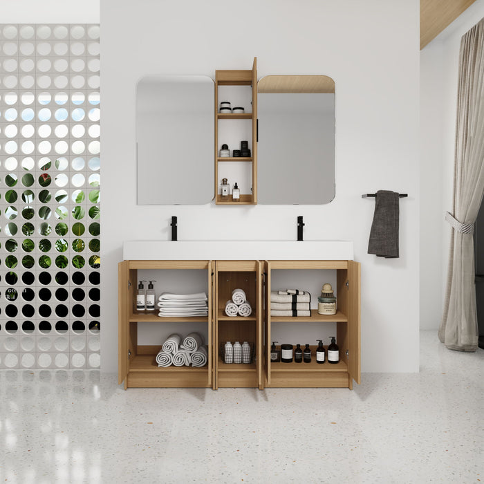 Double Sink Bathroom Vanity Set With Tall Linen Cabinet, Extra Large Storage, Integrated Sink, Freestanding Cabinet - Light Oak / White