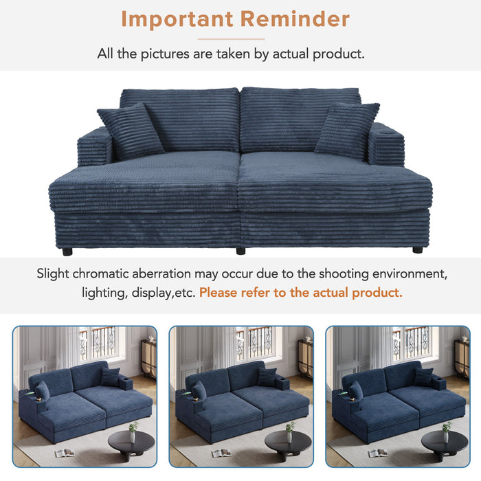 Oversized Loveseat Chaise With 2 USB Ports, 2 Cup Holders And 2 Throw Pillows
