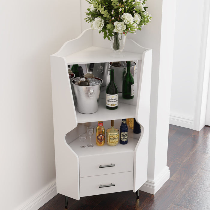 Corner Bar Cabinet With Mirrored Back, 2 Open Shelves & 2 Drawers, High Legs For Easy Cleaning