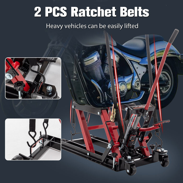 Hydraulic Motorcycle Lift Jack With 1500 Lbs Capacity And Foot-Operated Scissor Lift - Red