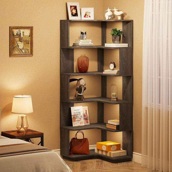 6 Tier Corner Bookshelf, L-Shaped Freestanding Shelf With Anti Drop Panels
