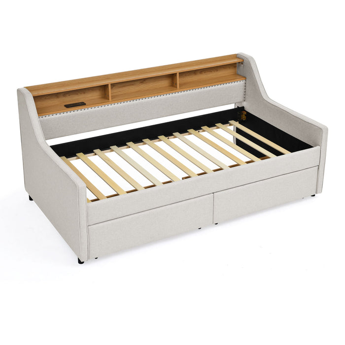 Twin Upholstered Sofa Bed With LED Lights, Storage Drawers, Adjustable Headboard & Wireless Charging - Beige