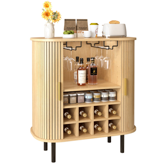 Fluted Wine Bar Cabinet With 8 Grid Wine Rack, 5 Level Adjustable Shelves, 2 Glass Holders