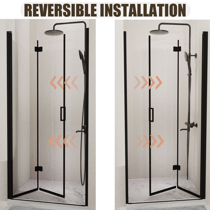 Semi Frameless Bifold Pivot Shower Door, Reversible Installation