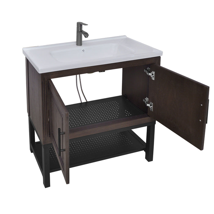Modern Freestanding Bathroom Vanity With Ceramic Sink, Hot And Cold Faucet, Storage Cabinet & Open Shelf