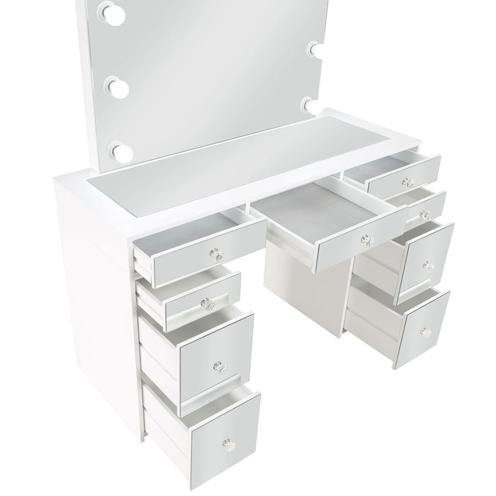 Winona - Makeup Vanity Set With Bulb Lit Mirror And Upholstered Stool - White