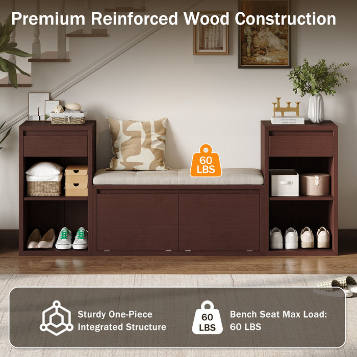 Entryway Storage Bench With Cushion, Drawers & Open Shelves